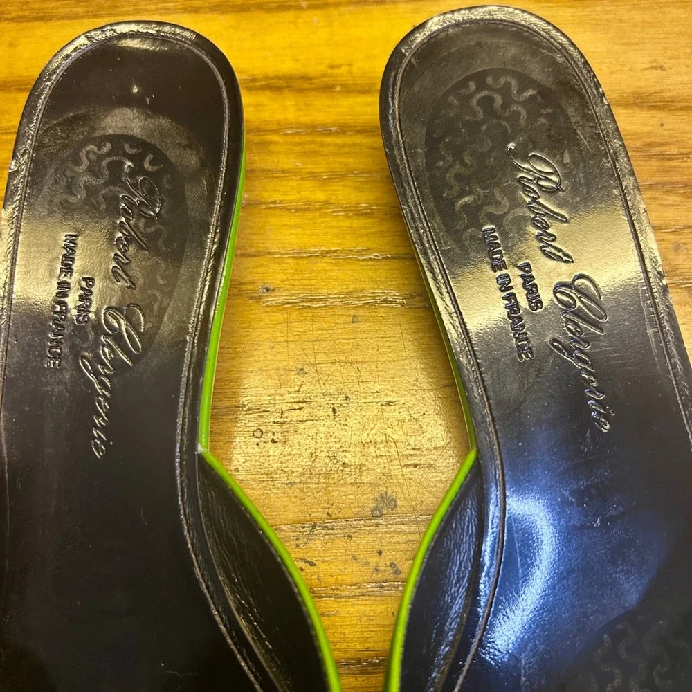 Robert Clergerie wmn 8.5 Green Patent‎ Leather Chain vtg Y2K kitten heel sandals